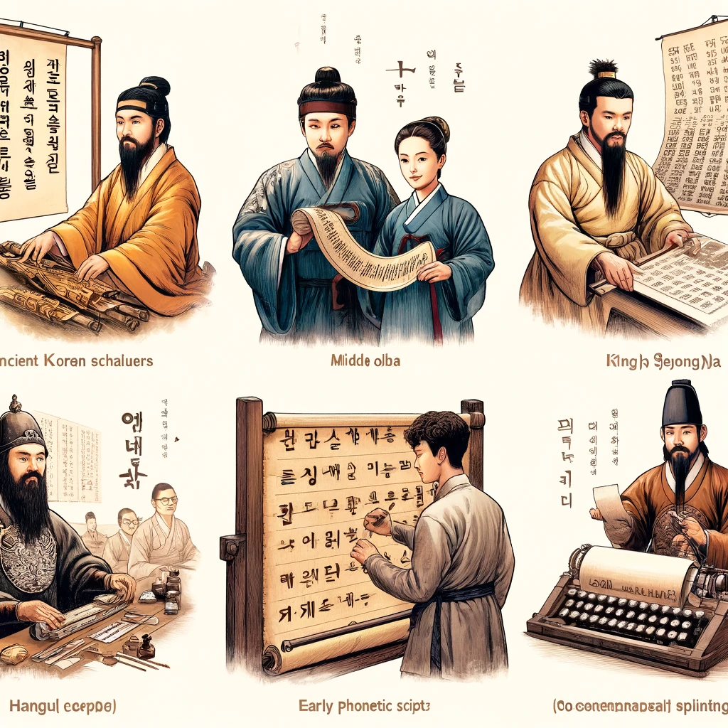 DALL·E 2025-02-11 00.10.54 - A set of historical illustrations showing the evolution of the Korean language. The first scene depicts ancient Korean scholars writing with Hanja (Ch