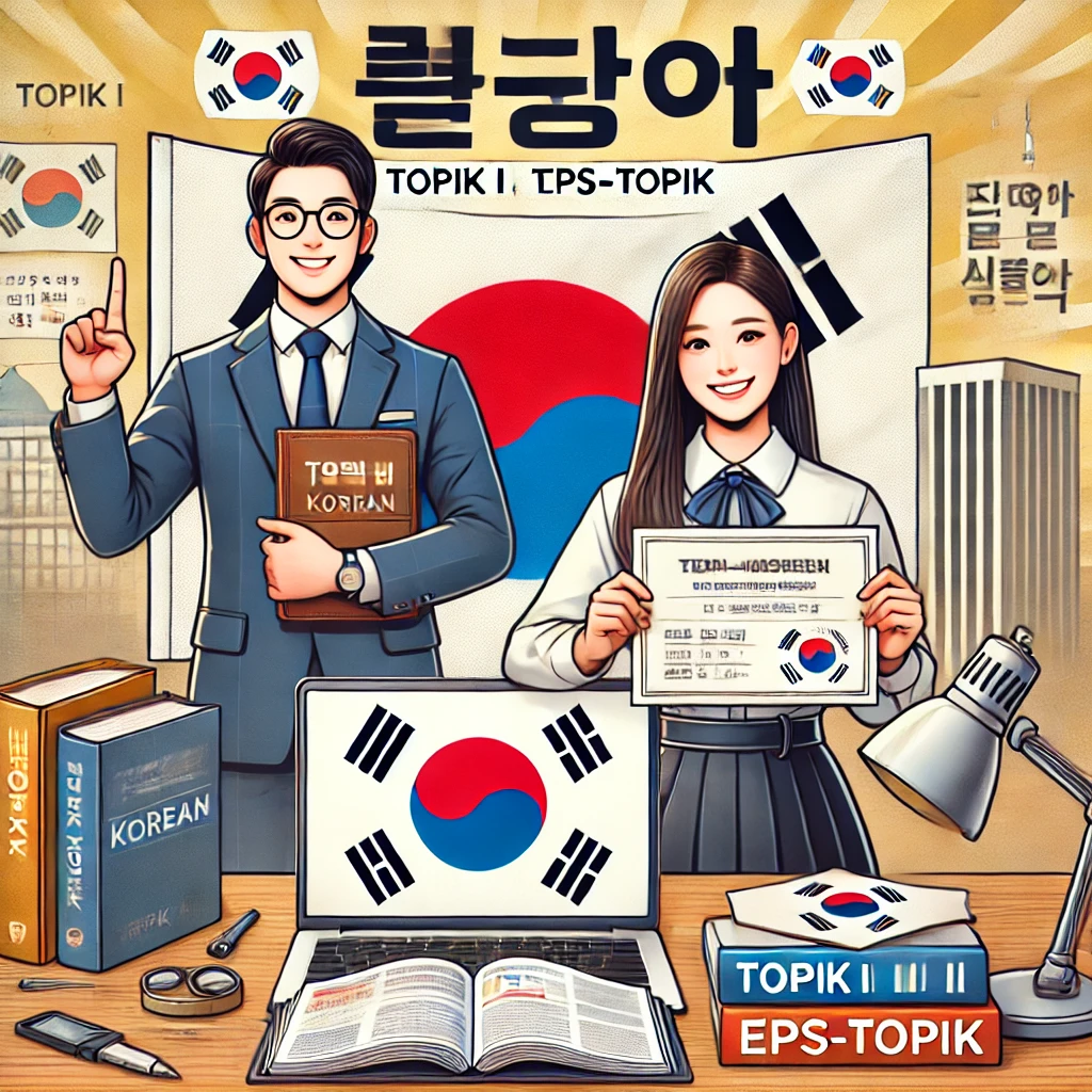 DALL·E 2025-02-11 00.25.57 - A high-quality, professional promotional poster for a Korean language course featuring TOPIK I, TOPIK II, and EPS-TOPIK. The design includes clear, bo