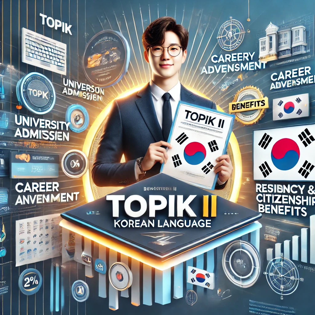 DALL·E 2025-02-11 03.16.14 - A visually stunning, ultra-high-definition promotional poster for a TOPIK II Korean language course. The design features a confident student proudly h