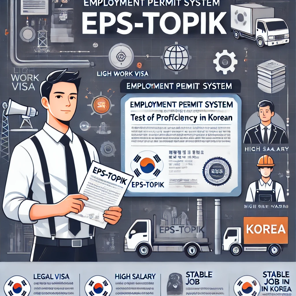 DALL·E 2025-02-11 03.29.44 - A high-quality promotional poster for EPS-TOPIK (Employment Permit System - Test of Proficiency in Korean). The design features a confident worker in
